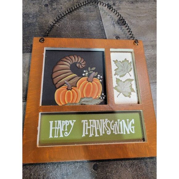 Wooden Happy Thanksgiving cornucopia fall leaf sign decor - Picture 2 of 3